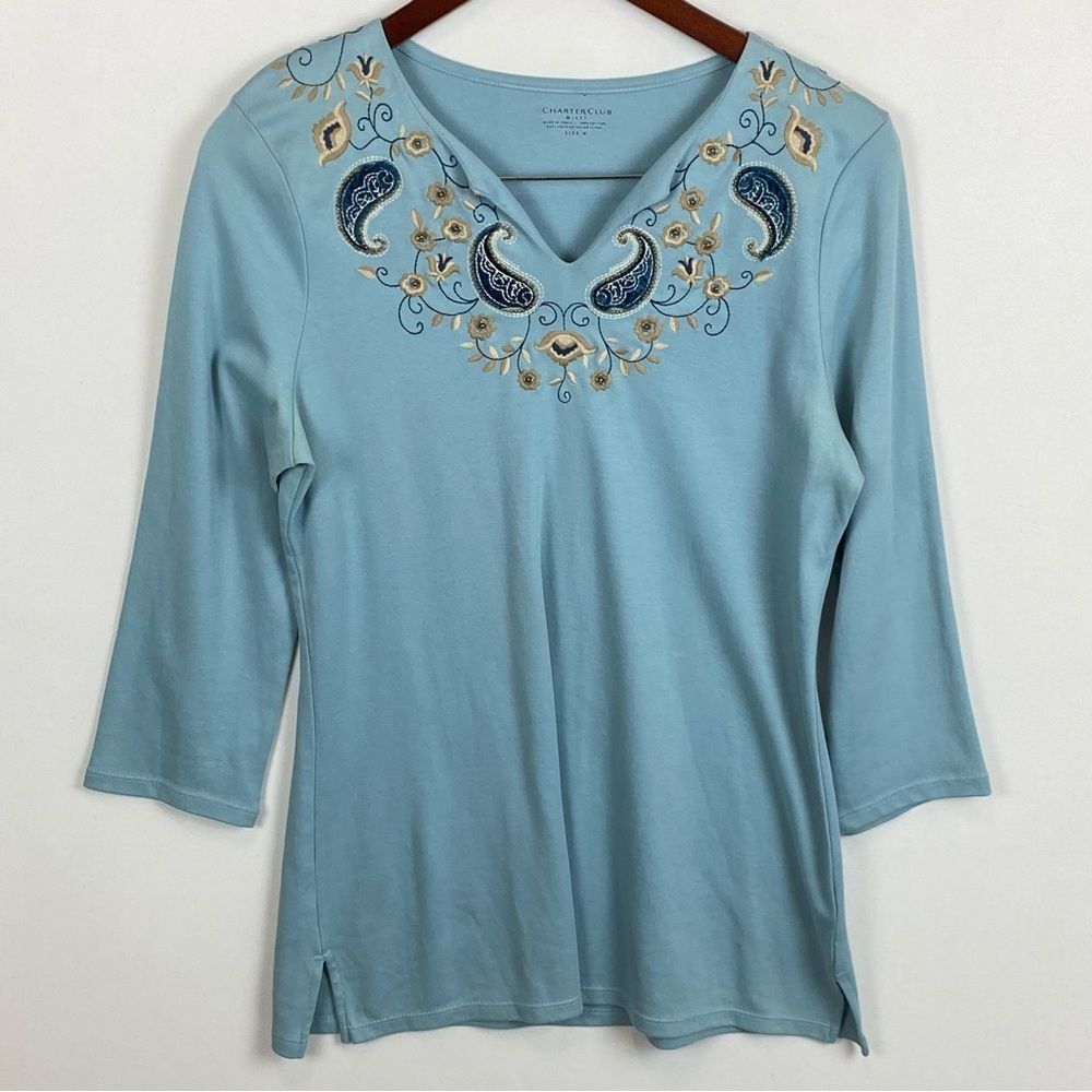 Charter Club Missy Paisley Detailed Three Quarter Length Sleeve Shirt
